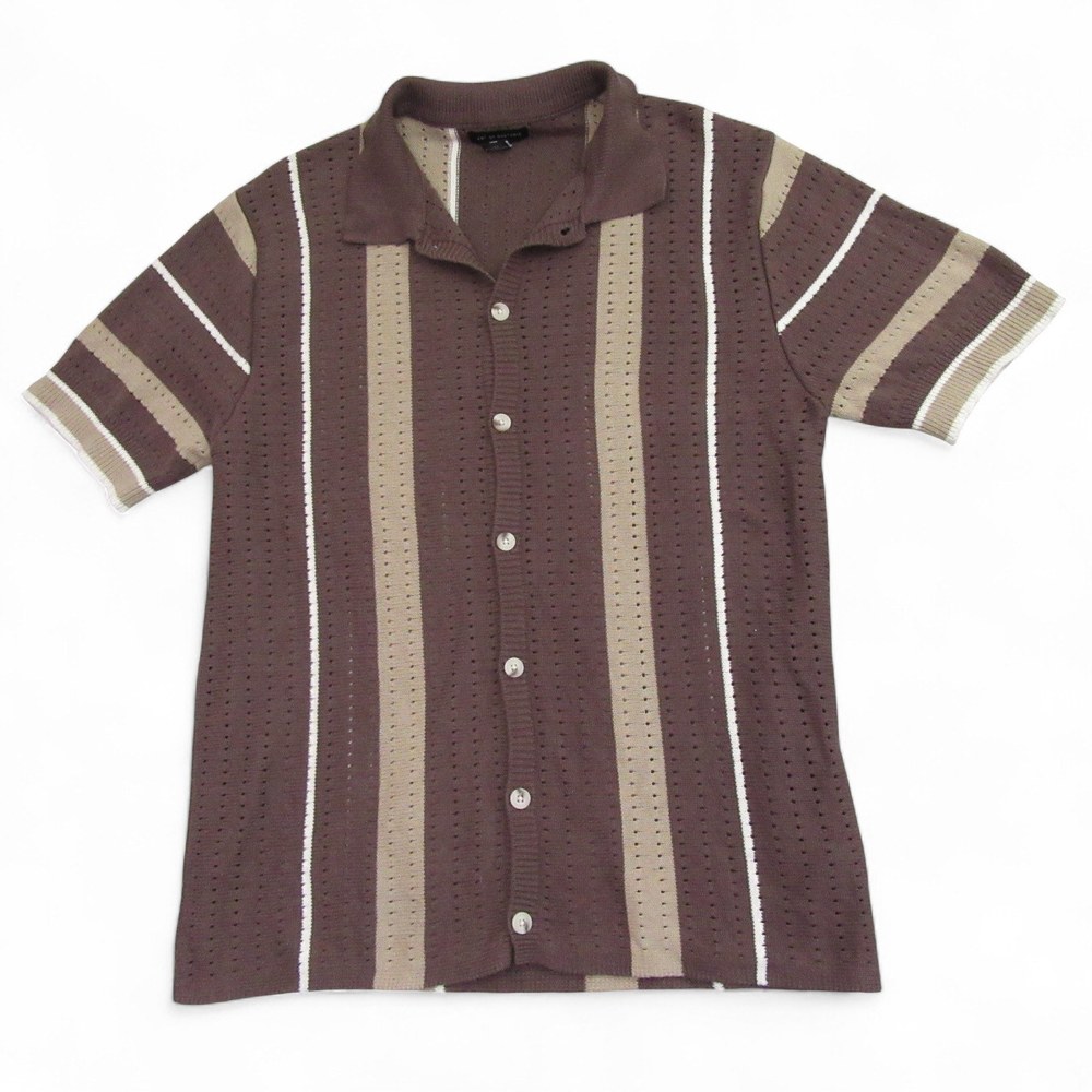 Art‎ of Rhetoric Mens Button Up Loose Weave Knit Shirt L Brown Striped Button